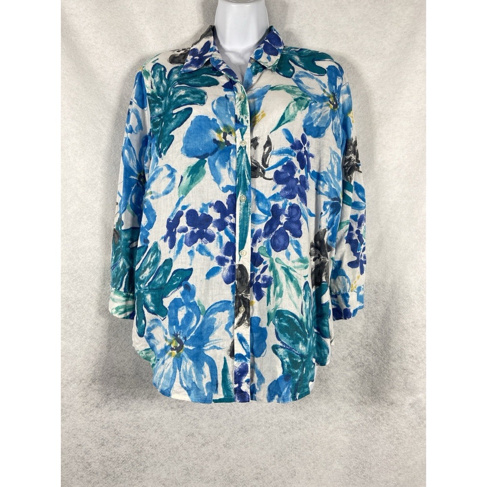 Lauren Ralph Lauren Top Women's Large Blue White Button Up 100% Linen Old Money